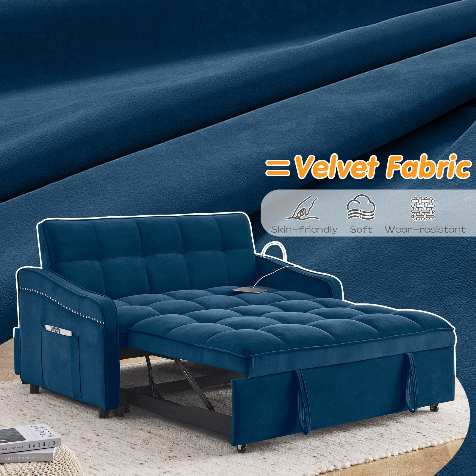 Lunale Loveseat Sleeper with USB/Type-C, Convertible Sleeper Sofa Bed for Living Room/Apt, Blue Velvet