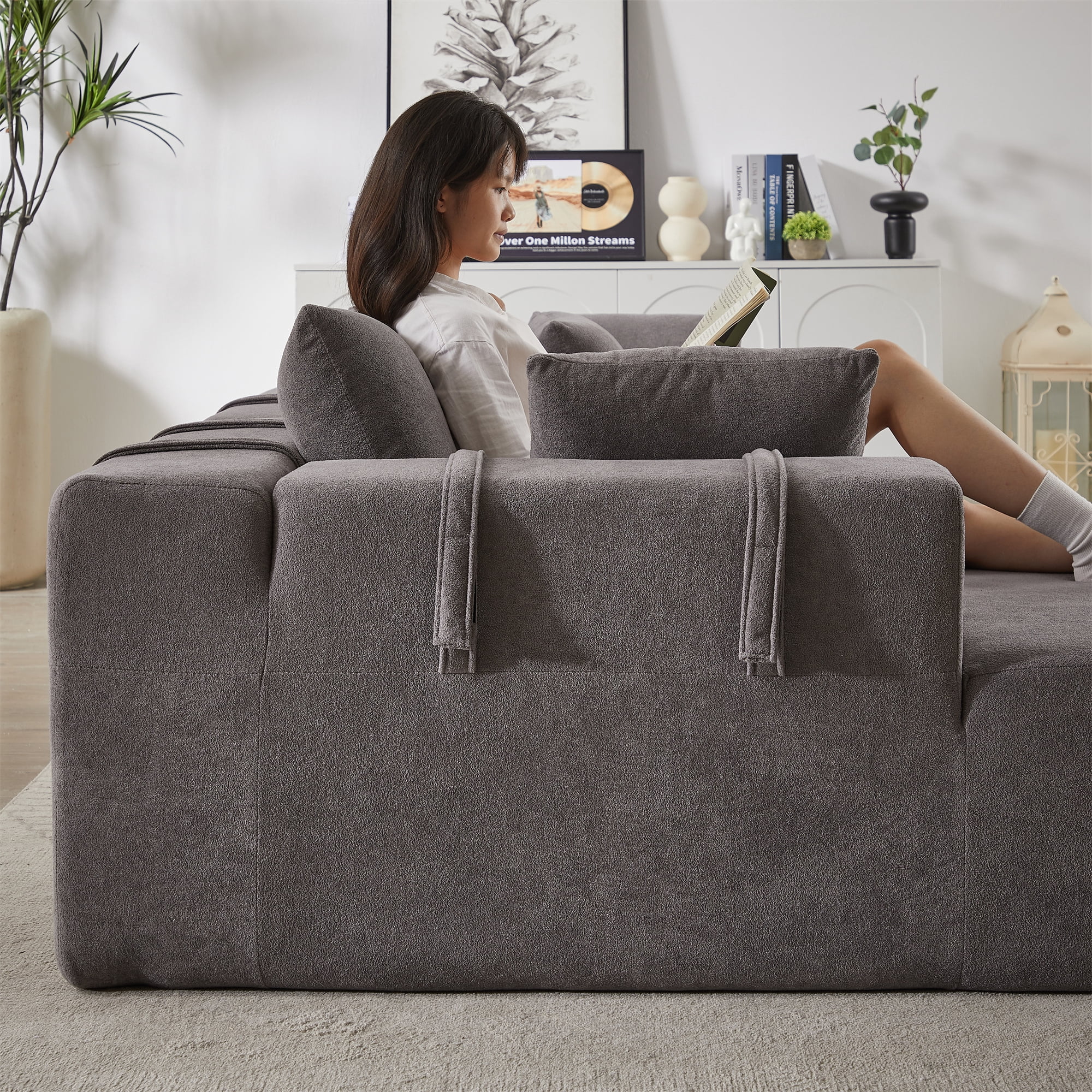 Aukfa 108" Modular Sectional Couch, Deep Seat Cloud Sofa with 6 Pillows, No Assembly, Left Chaise, Gray