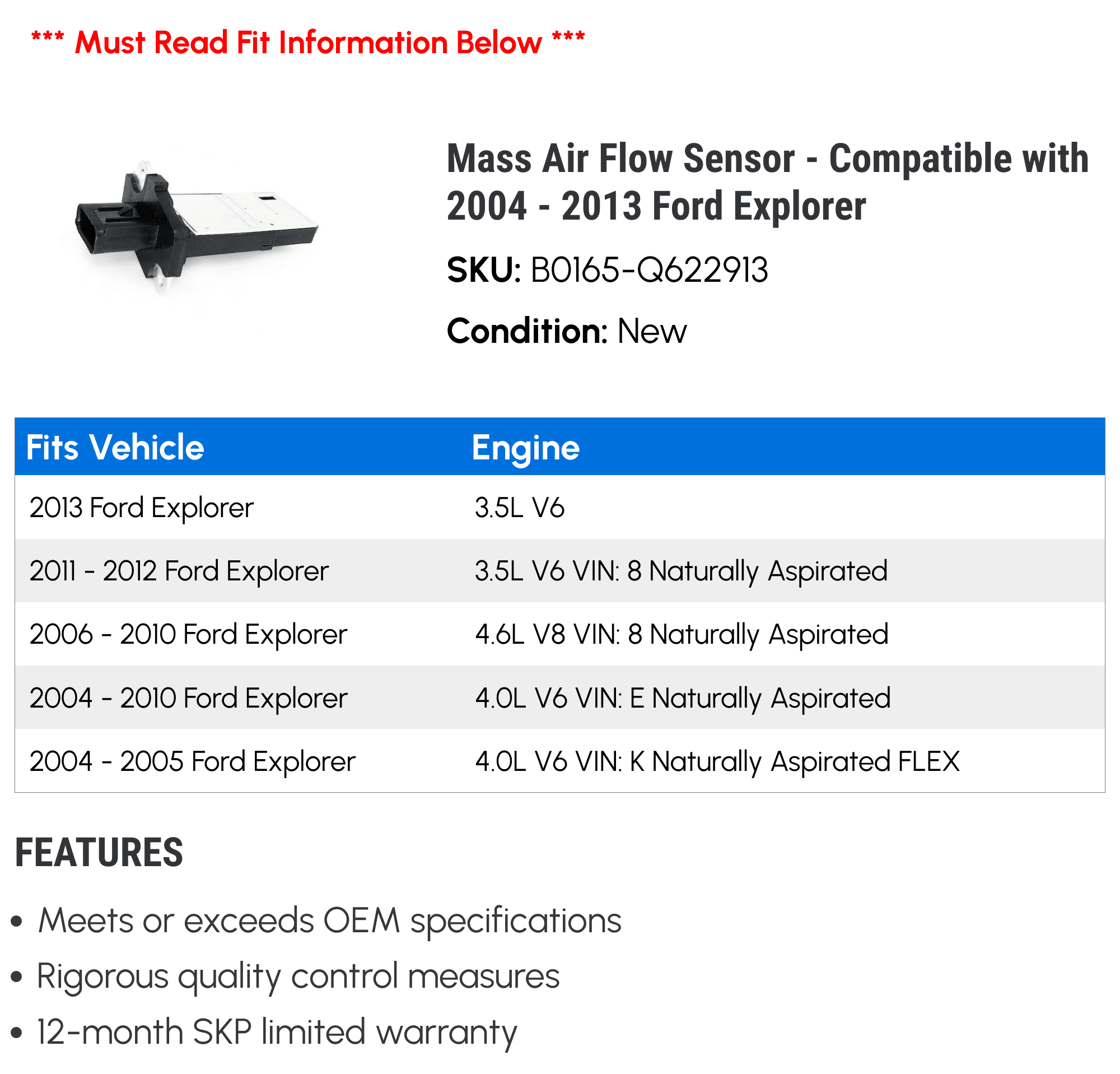 Mass Air Flow Sensor - Compatible with 2004 - 2013 Ford Explorer 2005 2006 2007 2008 2009 2010 2011 2012