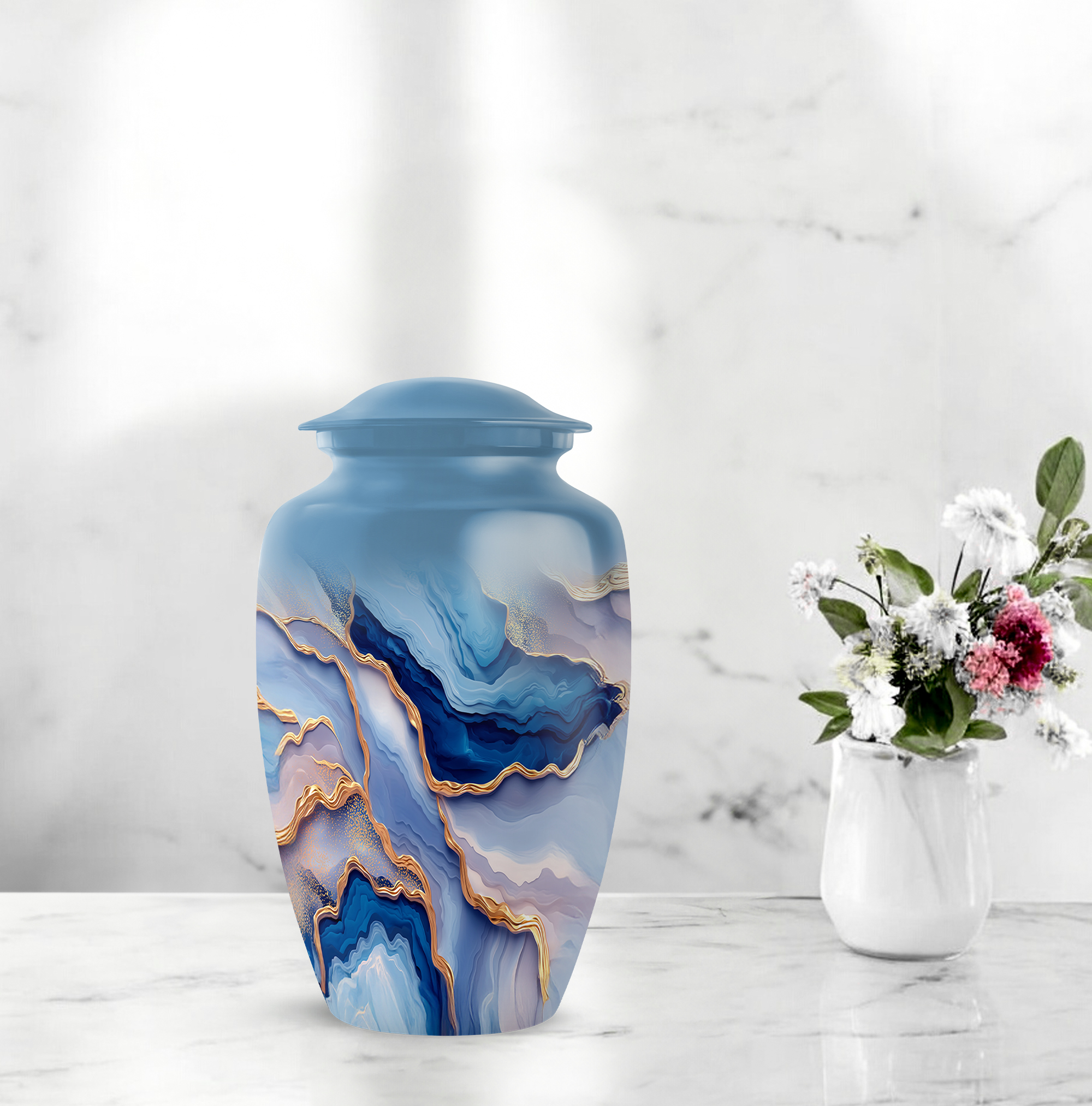 SABURIAL Blue Burial Decorative for Mom & Dad - Funeral Urns for Ashes - Combo 1 - Large with 3 Inch Pack of 1 - Human Remains Urn - Memorial Urns for Male & Female - Keepsakes Urn for Ashes
