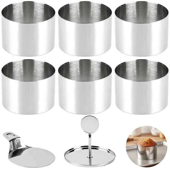 6 Pcs Round Cake Ring Moulds, 2.95"×2.17" Stainless Steel Mousse Rings with Pusher & Lifter, Non-stick Pastry Baking Moulds for Baking Burgers, Muffins, Crumpets, Pancakes
