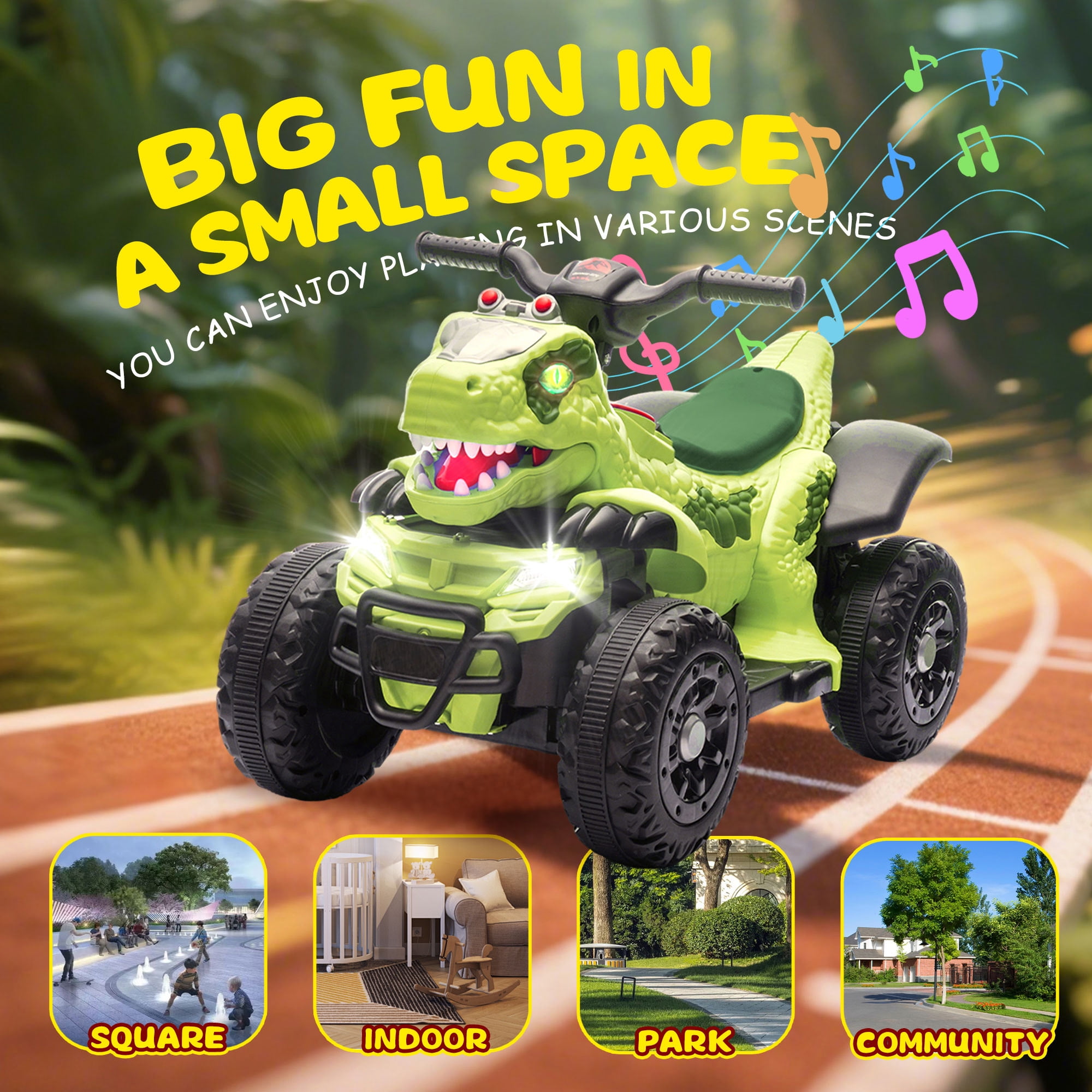 Track Seven 12V Electric Ride-On ATV, Dinosaur Four Wheeler Electric Car with Bluetooth, LED Lights, Music, Electric Quad Ride-On Toy Car for Toddlers Boys Girls Age 2+, Green