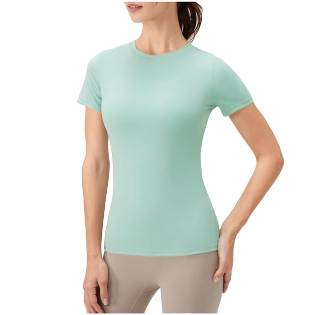 Timegard Hauts de Yoga pour Femmes Séchage Rapide Col Rond Manches Courtes Entraînement Course Gym Haut Ajusté T-Shirt Athlétique