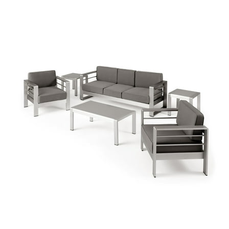 Noble House Cape Coral Outdoor 5 Seater Sofa Chat Set with 2 Side Tables Silver