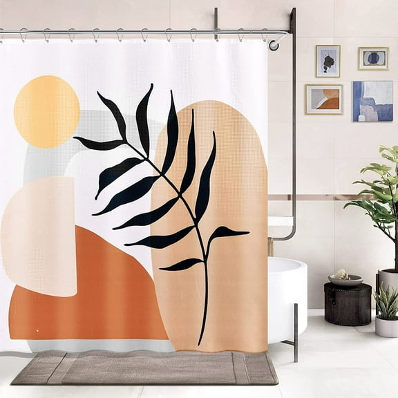Boho Shower Curtain Orange, Modern Abstract Shower Curtain Coral Peach Fabric Shower Curtain Set with 12 Hooks, Unique Funny Sun Bath Curtain Minimalistic Home Bathroom Decoration, 72W x 72L