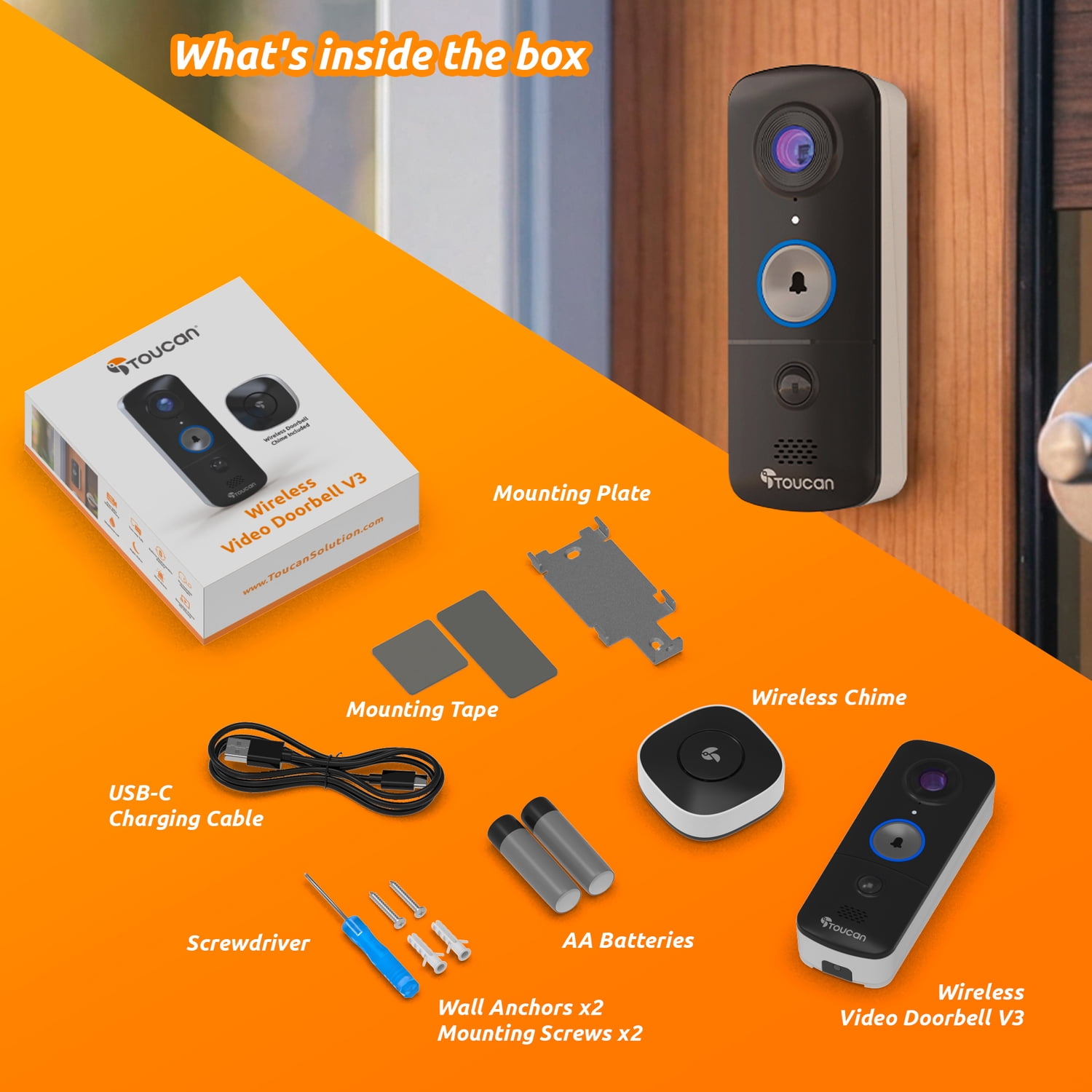 Toucan V3 Wireless 1080p Video Doorbell, No Monthly Fee Required, TVD300D