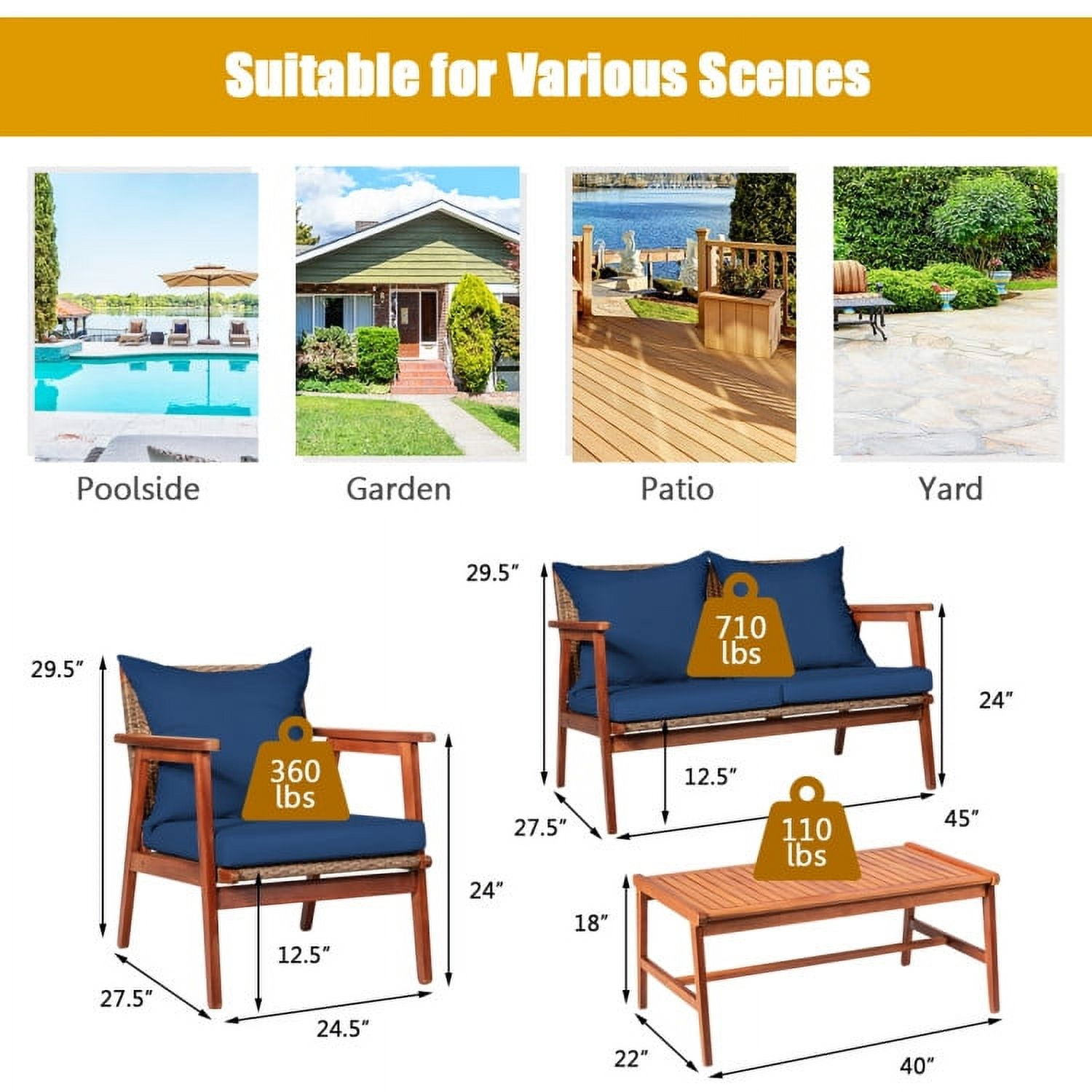 Aimee Lii 4 Pieces Patio Wicker Rattan Furniture Set for Lawn Backyard, Acacia Wood Patio Outdoor Patio Furniture, Navy Aimee Lii 4 Pieces Patio Wicker Rattan Furniture Set for Lawn Backyard, Acacia Wood Patio Outdoor Patio Furniture, Navy