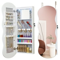Mirror Jewelry Cabinet,LED Jewelry Armoire Organizer Wall or Door Mounted Wave Mirror with Storage Interior Make-up Touch Mirror With Magnetic Lock