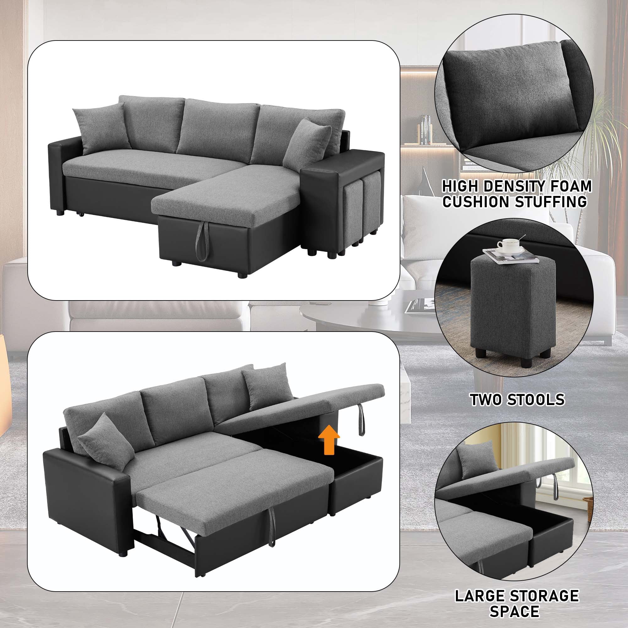 Aukfa 92.5" Reversible L-Shaped Sectional Sofa with Pull Out Sleeper Couch Bed, Storage Chaise and 2 Ottoman for Large Living Room - Dark Gray