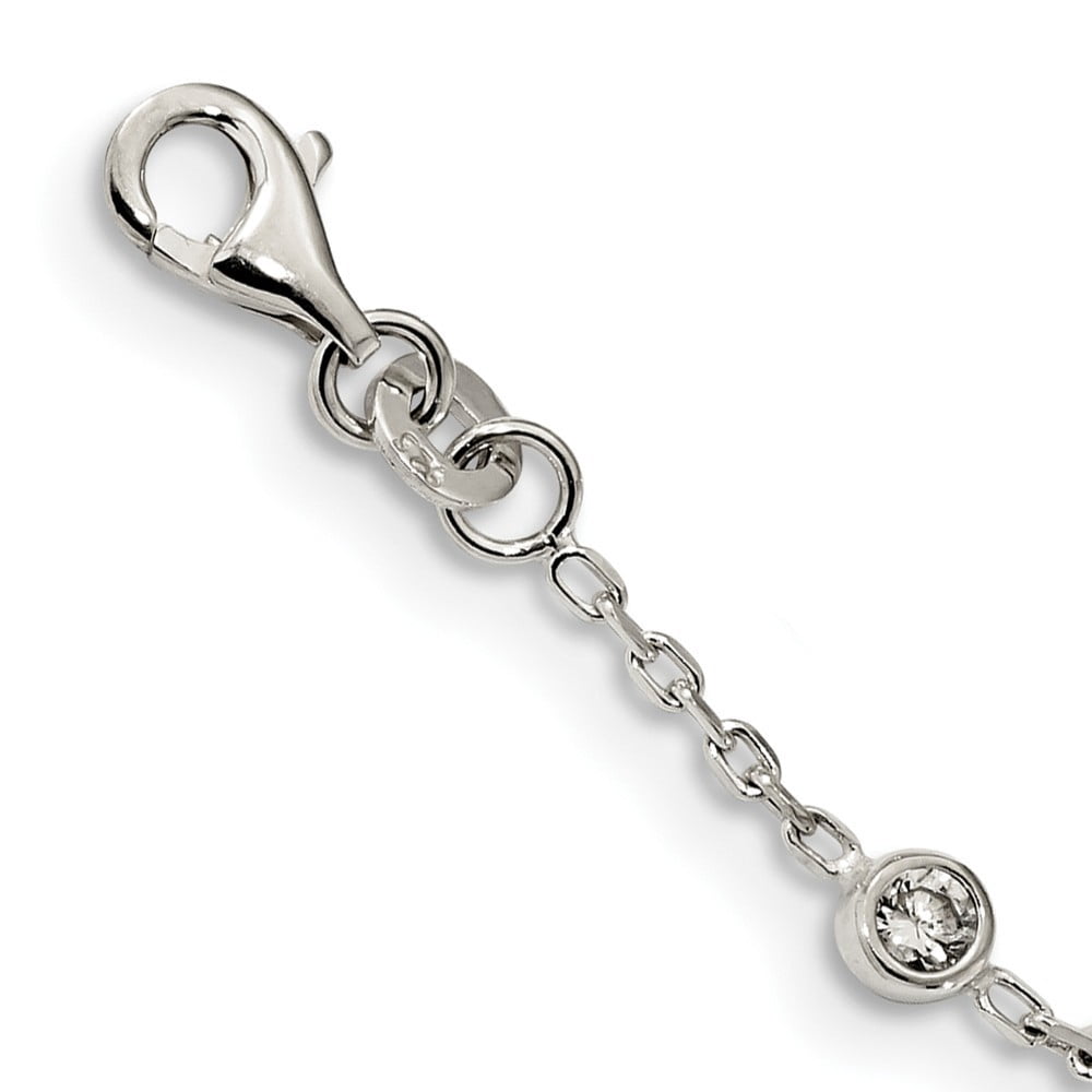 Sterling Silver Polished With Cubic Zirconia W/1 Inch Ext. Anklet - 9 Inch - Measures 1mm Wide