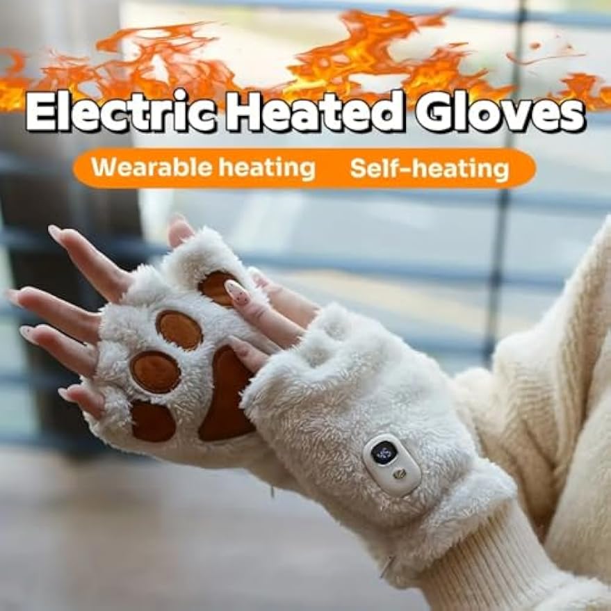 Heated Gloves for Women Rechargeable Cat Paw  – USB Electric Hand Warmers with 3 Heat Levels, Washable Half-Finger Cute Cat Claw Mittens for Office, Study & Gifts