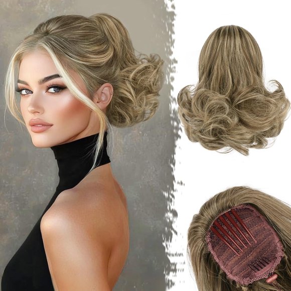 shiyou-Short Highlight Ponytail Extension - 10 Inch Wavy Drawstring Comb Clip Pony Tails Hairpieces for Women, Synthetic Clip in Ponytail Hair Extensions - Chocolate Brown with Highlights