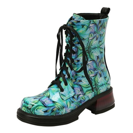 

Dyfzdhu Women Ankle Boots Autumn And Winter Fashionable New Camouflage Cool Foreign Trade Large Comfortable Round Toe Square Heel