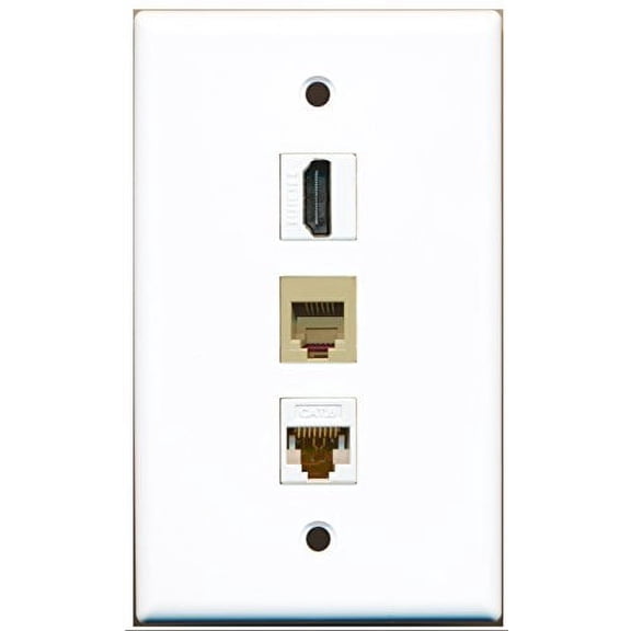 RiteAV - 1 Port HDMI and 1 Port Phone RJ11 RJ12 Beige and 1 Port Cat6 Ethernet White Wall Plate