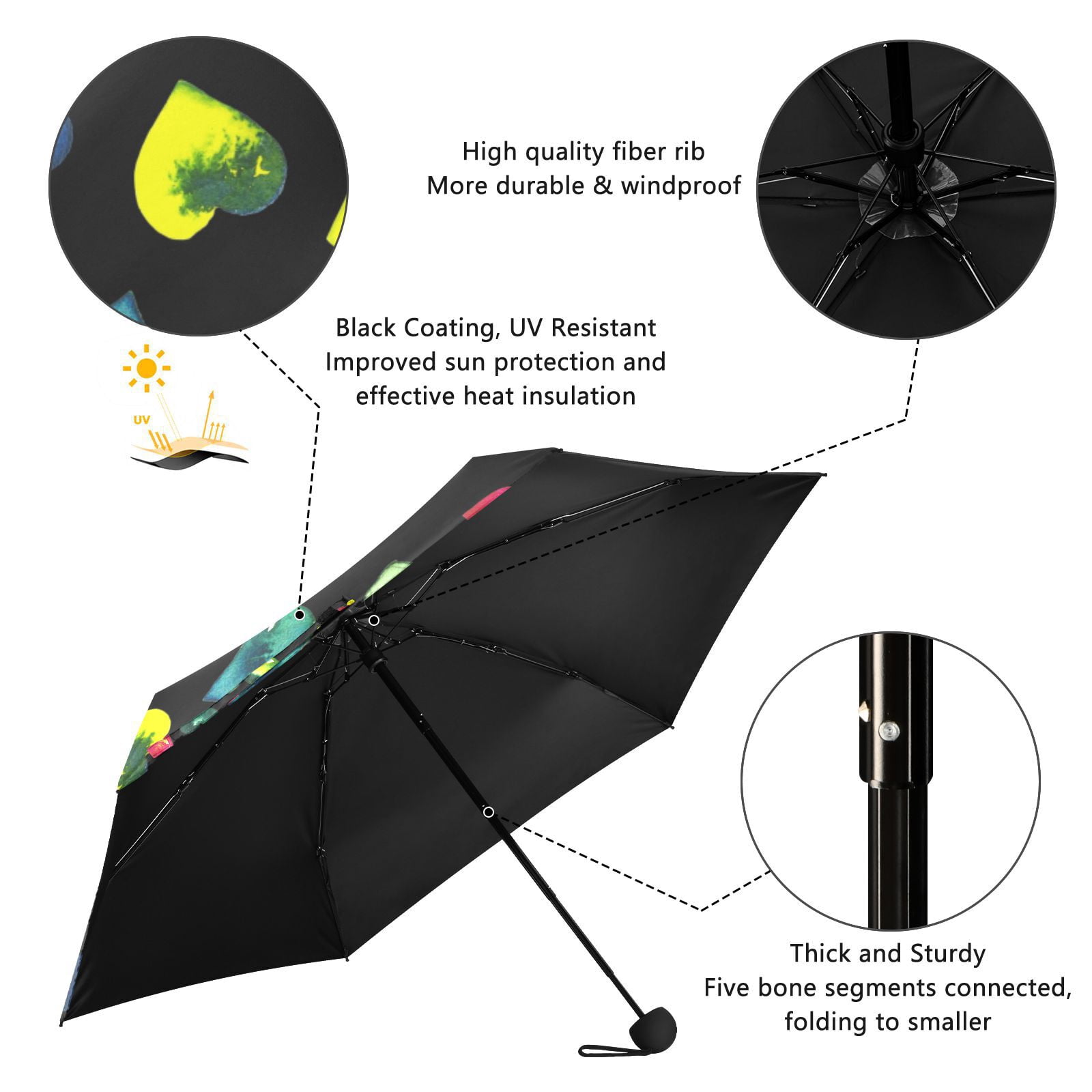 JSTEL Tie Dye Watercolor Heart Folding Umbrella for Rain Sun Travel Mini Lightweight Compact Umbrellas