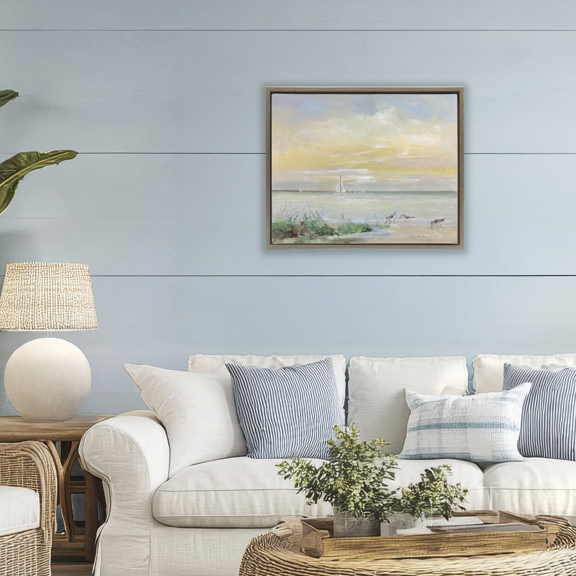 Stupell Industries Sailboats & Sanderlings Shore Brown Framed Floater Canvas Wall Art, design by Sally Swatland