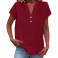 thumbnail image 2 of AKEGAMN Women's Loose Button Stand Collar Solid Color Short Sleeve Cotton Linen Shirt, Red S-5XL, 2 of 6