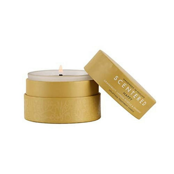 Scentered Happy Aromatherapy Scented Candle - Encourages Feelings of Positivity & Gratitude - Grapefruit, Lemon and Cedarwood Blend - Small, Travel Size Candle