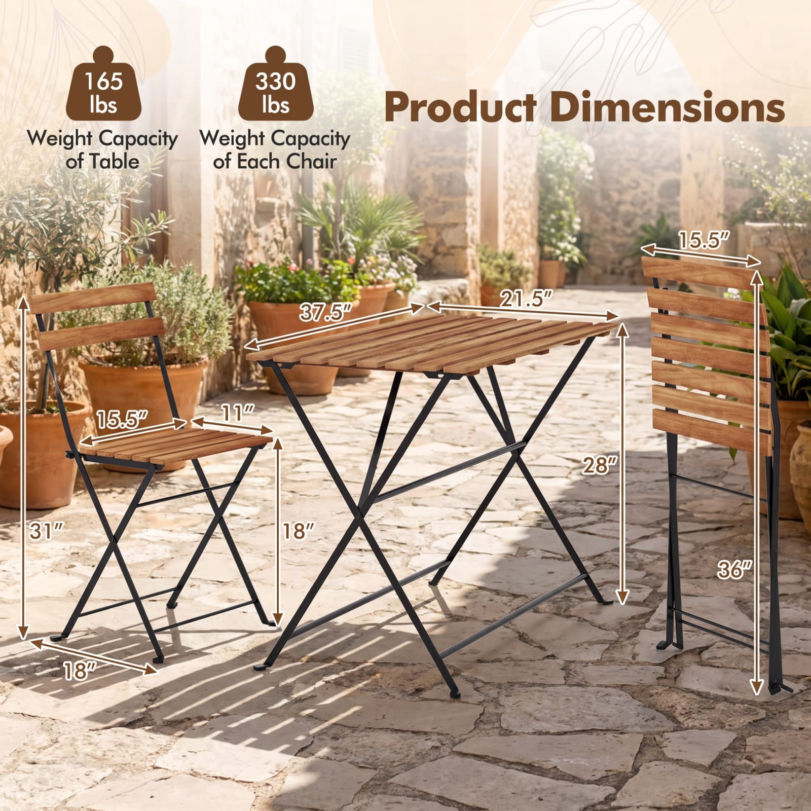 Furnibear 5 Piece Patio Dining Set, Acacia Wood Outdoor Furniture with 4 Folding Chairs and Dining Table for Garden Deck, Black and Brown
