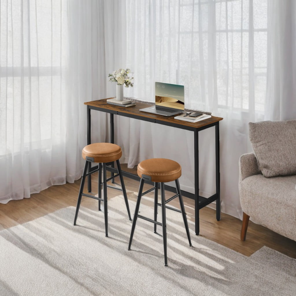 LEDREM Industrial Narrow Bar Table - 55.1" Long Kitchen Dining Table with Metal Frame & Adjustable Feet, Space-Saving Design, Rustic Brown and Black