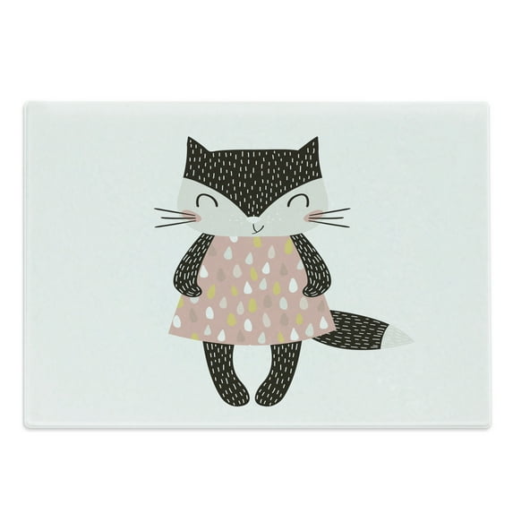 Cat Cutting Board, Feline Girl in a Raindrop Shapes Pattern Dress Hand Drawn Themed Animal, Decorative Tempered Glass Cutting and Serving Board, Large Size, Multicolor, by Ambesonne