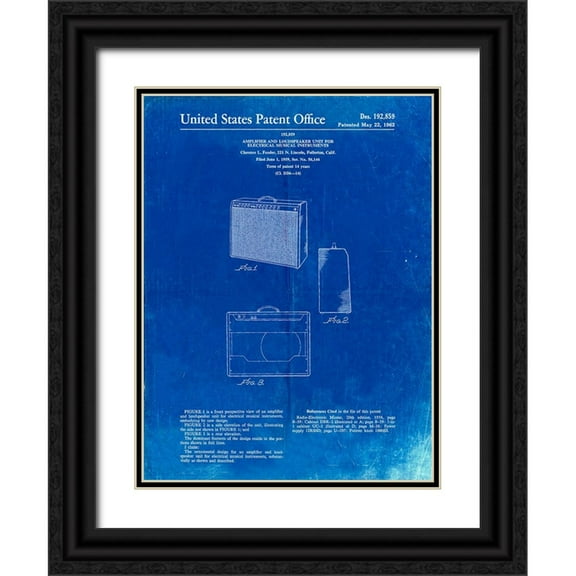 Borders, Cole 12x14 Black Ornate Wood Framed with Double Matting Museum Art Print Titled - PP405-Faded Blueprint Fender 1962 Pro Amp Patent Poster