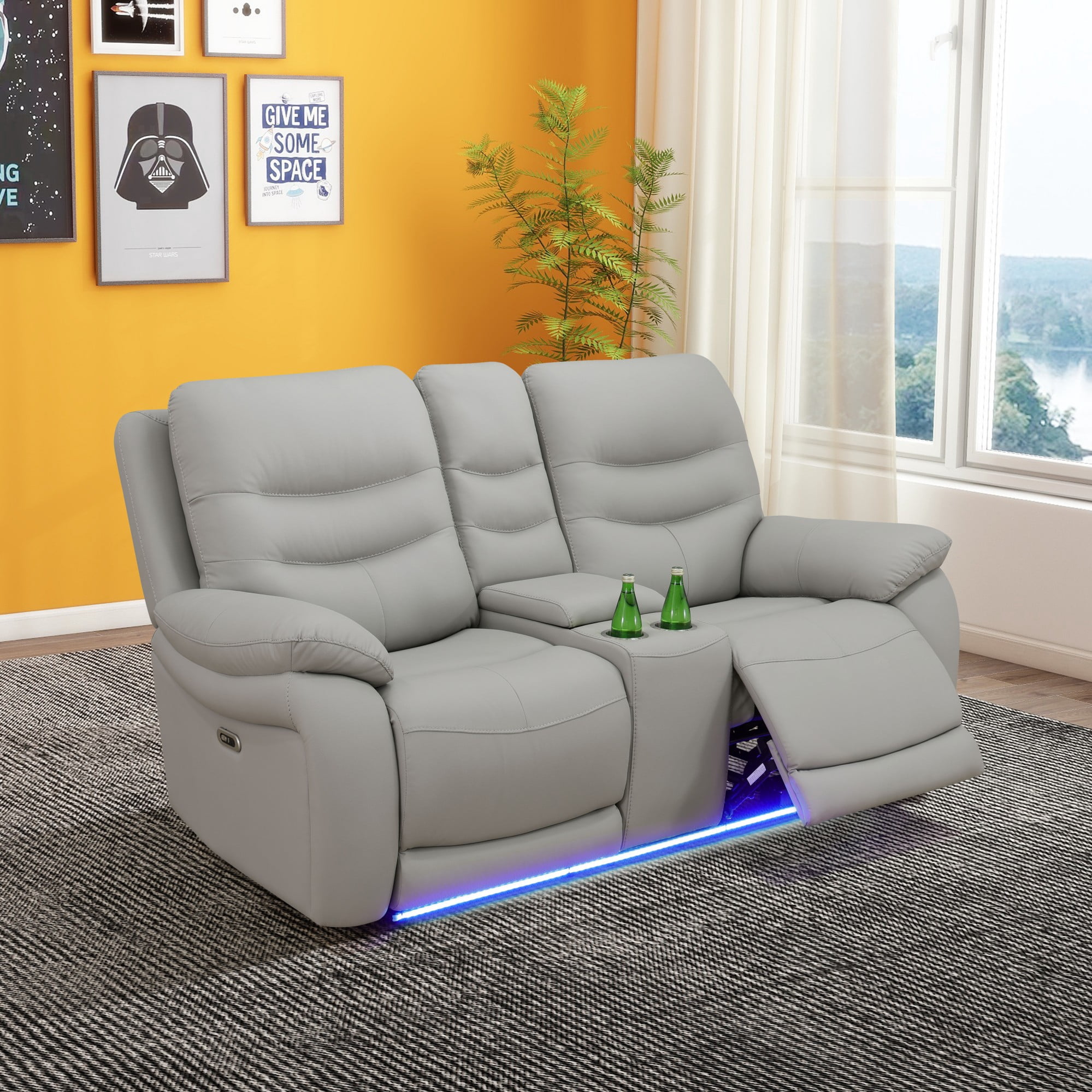 Gewnee Power Recliner Loveseat, LED Ambient Lights, Built in USB & Type‑C Ports, Adjustable Positions, Hidden Storage, Home Theater Seating with Cup Holders, Air Leather‑Light Gray