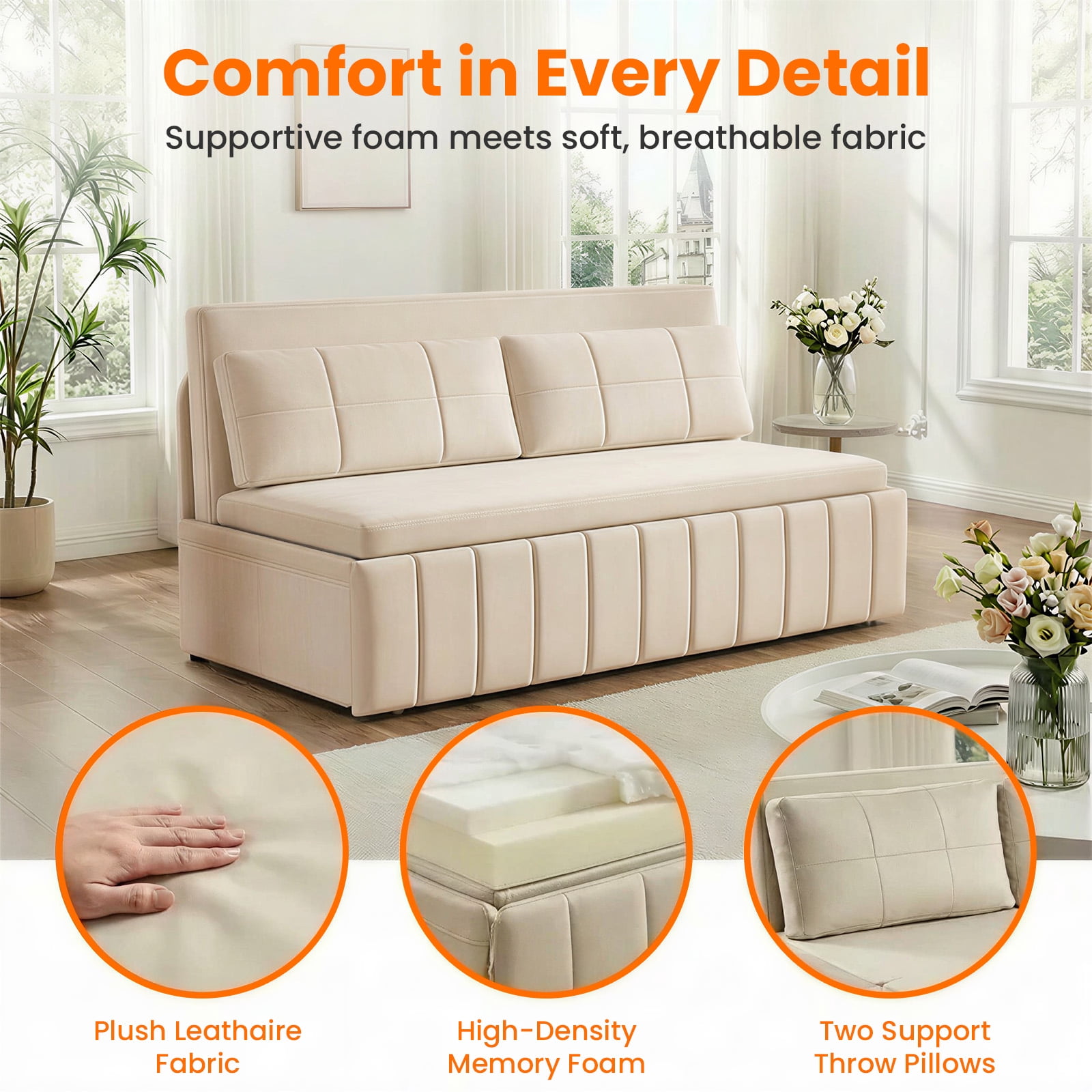 Puremind Queen Size Pull Out Sofa Bed, Convertible Sleeper Sofa with Pull Out Bed, Loveseat Couch Bed with Pillows for Living Room/Apartment, Beige