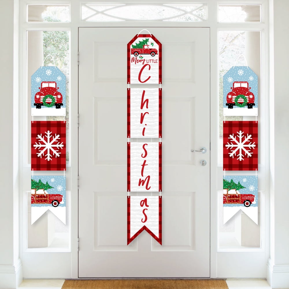 Merry Little Christmas Tree  Hanging Vertical Paper Door Banners  Red