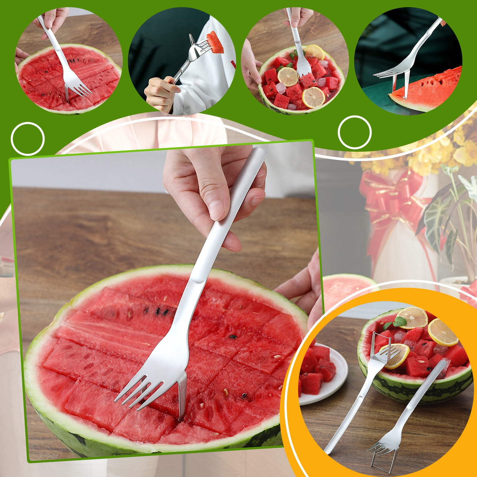 Moocorvic Clearance Watermelon Cutter, 2-in-1 Watermelon Fork Slicers,  Summer Watermelon Cutting Artifact, Stainless Steel Fruit Forks Slicers  Knife For Family Parties Camping（TWO）
