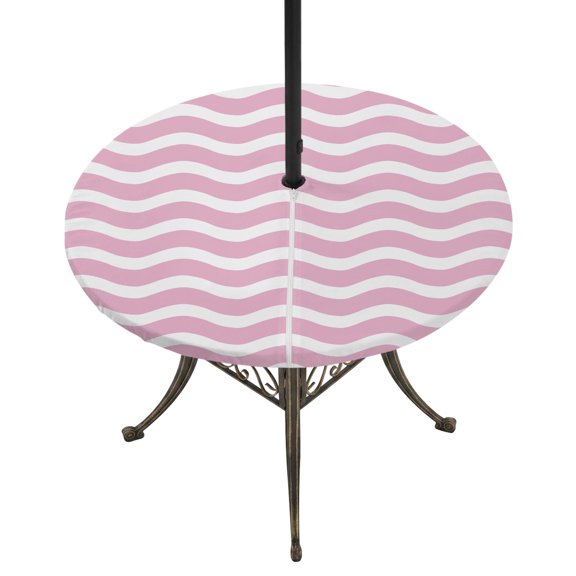Round Outdoor Tablecloth with Umbrella Hole and Zipper, Pink White Tablecloth with Elastic Waterproof, Modern Abstract Waves Water Ripple Striped Patio Table Covers for 36" - 44" Picnic Pool Tables