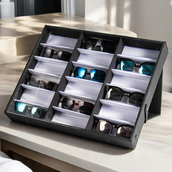 Ella & Elly Plus 18-Slot Sunglasses Organizer & Display Case - Foldable Design, Protective Lining, Snap Closure - Black