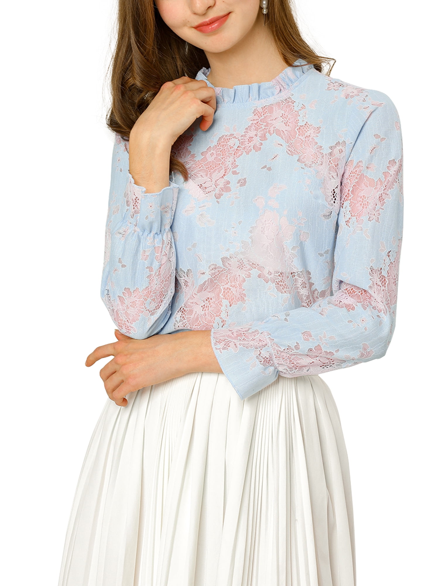 Unique Bargains Women's Floral Chroect Lace See Through Color Block Blouse
