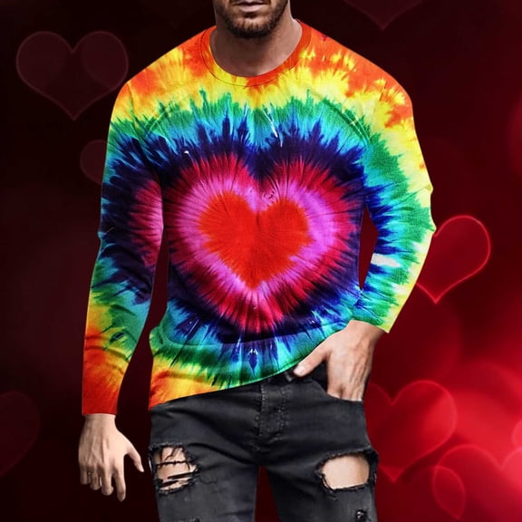 COSFO Mens Long Sleeve Tee Shirts Valentine's Day Crewneck Love Heart Casual Tops Loose Fit Workout Pullover Mens Graphic Tees