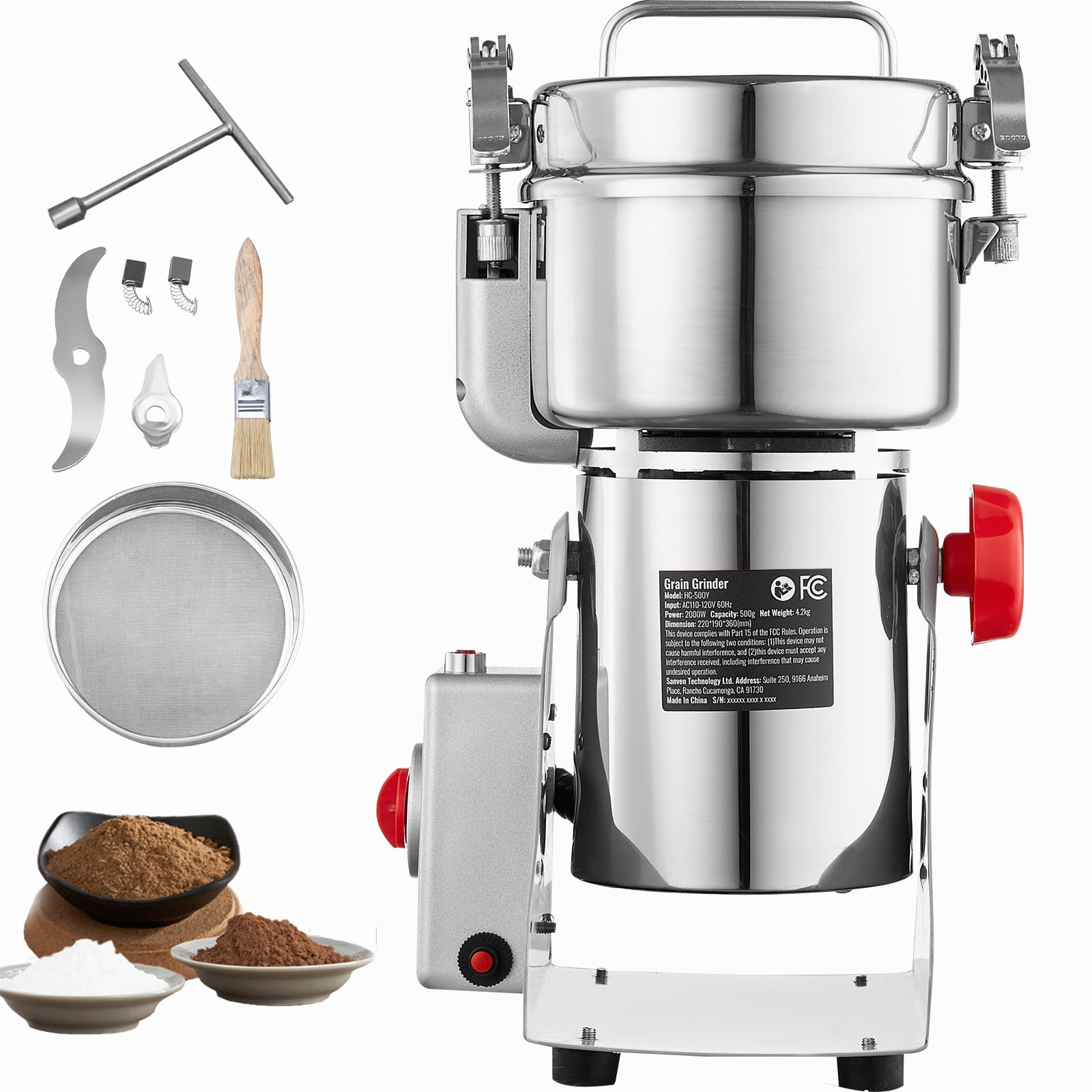KFFKFF 500g Electric Grinder, 2000W Speedy Grain Mill, Stainless Steel for Dry Ingredients, Spices, Coffee, Corn, Swing Design
