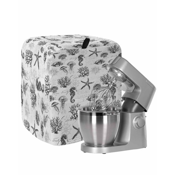 Gray Coastal Stand Mixer Dust Cover with Storage Pocket & Handles, Retro Nautical Starfish Coral Jellyfish Fits All Tilt Head & Bowl Lift Kitchen Appliance Cover Organizer Bag Accessories, 6-8 Quart
