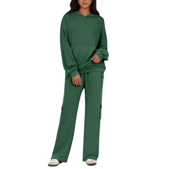 2 Piece Sets for Women Lounge Hoodie Sweatsuit Sets Long Sleeve Sweatshirt Cargo Pants Matching Set Travel Outfits Army Green S
