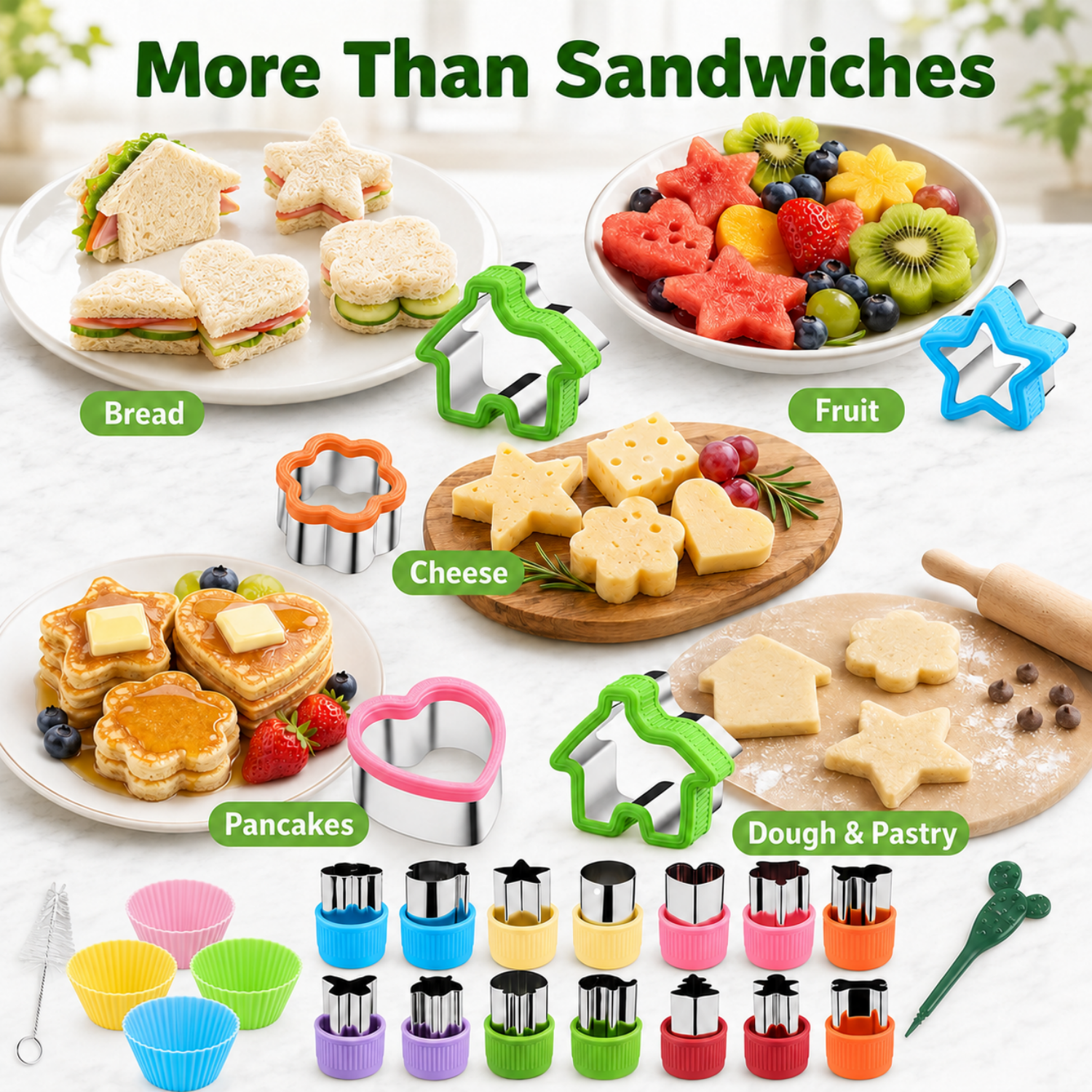 Sandwich Cutters for Kids Lunch, 36-Piece Set with Stainless Steel Bread and Cookie Cutters, Cartoon Food Picks and Silicone Baking Cups for Bento Lunches, Ages 6-12