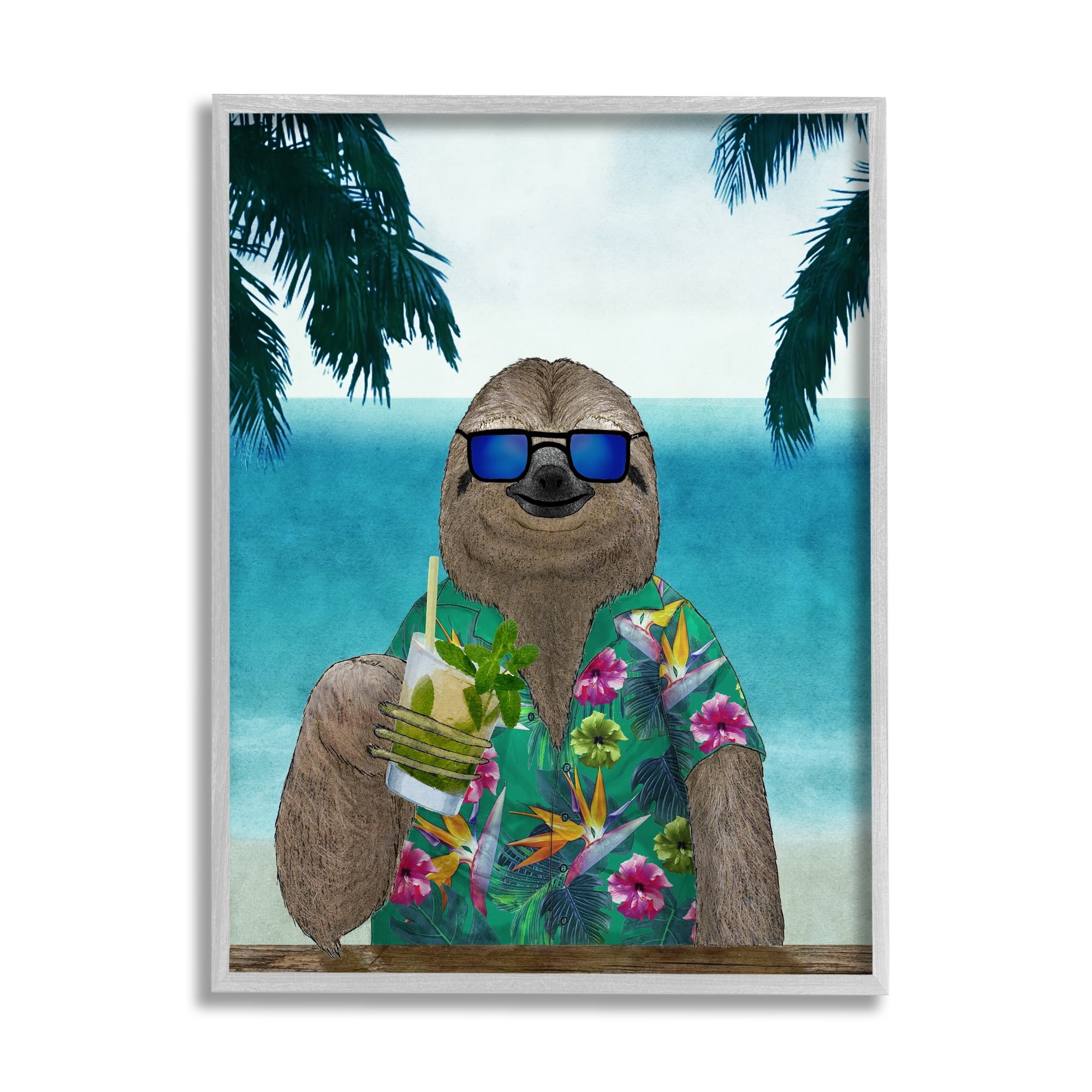 Stupell Industries Humorous Tropical Vacation Sloth Sunglasses Floral Shirt Framed Wall Art, 24 x 30, Design by Barruf