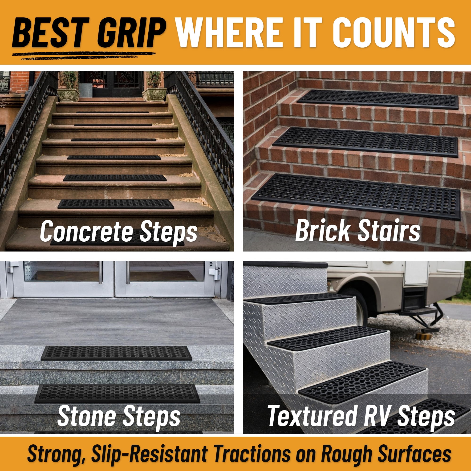 Ottomanson Outdoor Rubber Stair Treads 10" x 30" (5 Pack) – Non-Slip Stair Mats, Black Perforated