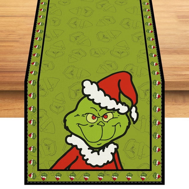 Camino de mesa navideño de lino verde, mantel feliz, decoraciones de mesa de vacaciones de Navidad