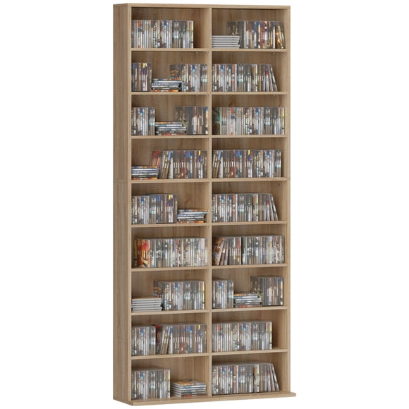 HOMCOM DVD Shelf with 18 Compartments and 14 Adjustable Shelves, Natural Wood