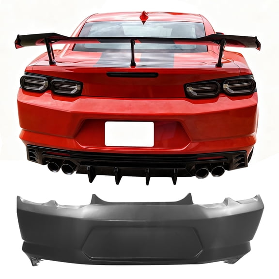 Ikon Motorsports Rear Bumper Cover Conversion Replacement For 2019-2024 Chevrolet Camaro, OE Style Unpainted Black PP Polypropylene 84676728 84676729
