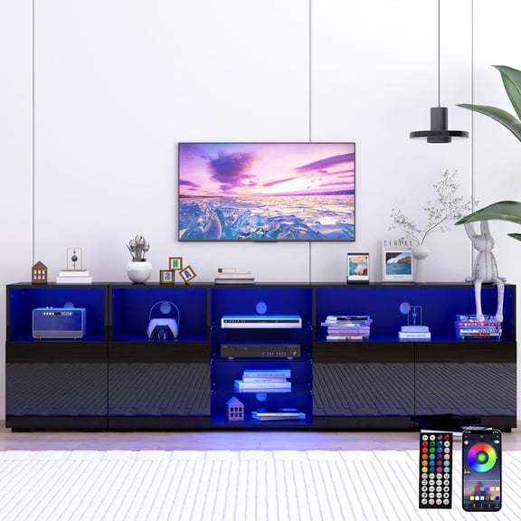 ANPOO 79'' LED TV Stand for TVs up to 90'', High Glossy Entertainment Center with Storage Cabinet, Modern TV Console Media Cabinet for Living Room, Bedroom