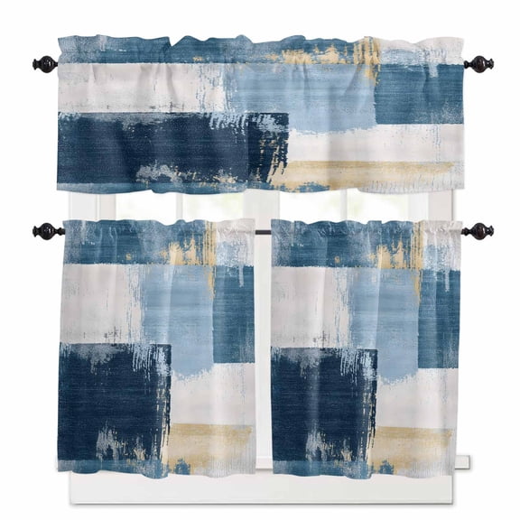 Abstract Collage Art Kitchen Curtains and Valances Set, Vintage Blue Oil Painting Theme Rod Pocket Window Valance 18 Inch Window Curtain Panels for Living Room Bedroom Laundry, 27.5x36in, 3 Pieces