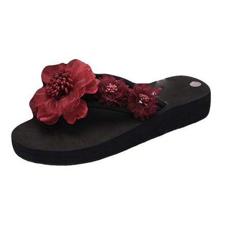 

Tangnade Casual Shoes Fashion Flip- flop Women Slip-on Open Toe Flower Wedges Color Slipper Shoes