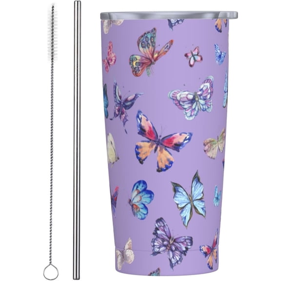 Purple Butterfly Tumbler,Butterfly 20oz Stainless Steel Insulated Travel Tumbler,Travel Coffee Mug with Lid and Straw Water Bottle Drink Tumbler Cups Gifts for Women Men Lovers