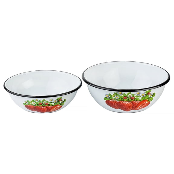 Novomoskovsjka Posuda Strawberry Enamel Serving Bowl Set of 2 pcs Shatterproof Enameled Steel Fruit and Salad Bowls for Cooking Enamel Mixing Bowl for Indoor and Outdoor Use Metal Bowls