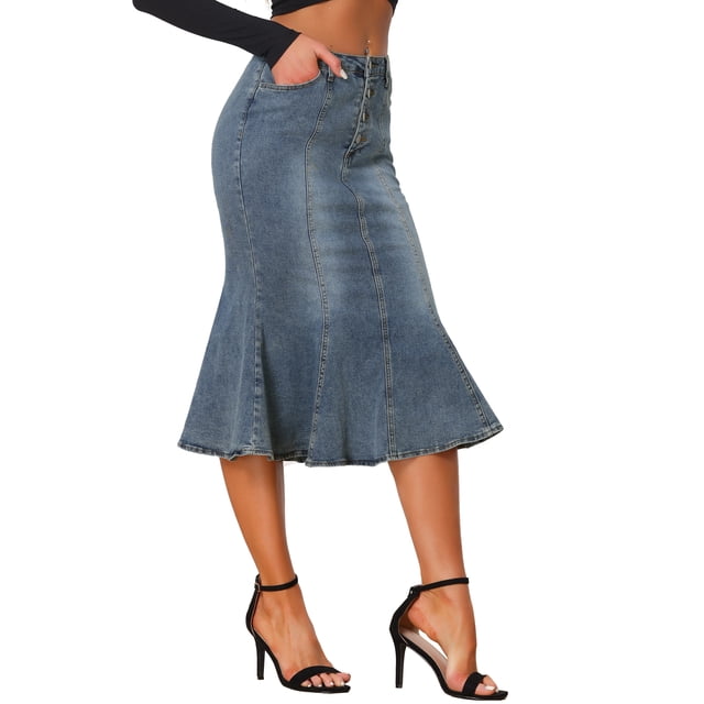 Falda de cola de pez de INSPIRE CHIC para falda maxi de mezclilla desgastada XL azul gris