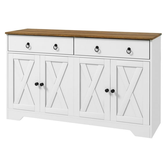 White Sideboard Buffet with Drawers, Farmhouse Kitchen Cabinet with Barn Doors & Adjustable Shelves